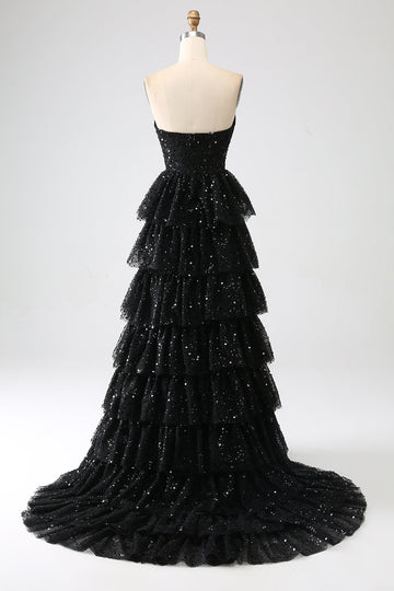 A-Line Paillettes nero a più livelli Prom Dress con fessura